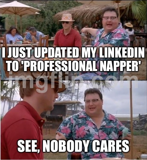 I JUST UPDATED MY LINKEDIN TO 'PROFESSIONAL NAPPER | I JUST UPDATED MY LINKEDIN TO 'PROFESSIONAL NAPPER'; SEE, NOBODY CARES | image tagged in memes,see nobody cares,nap,linkedin,professional,updates | made w/ Imgflip meme maker