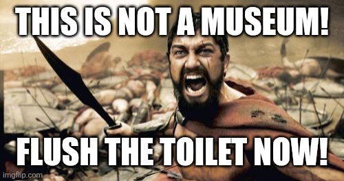 Sparta Leonidas | THIS IS NOT A MUSEUM! FLUSH THE TOILET NOW! | image tagged in memes,sparta leonidas,funny memes,this is sparta | made w/ Imgflip meme maker