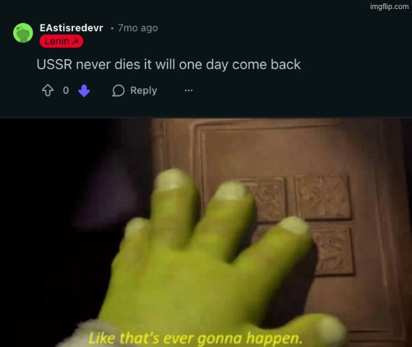 Read my comments below | image tagged in like that's ever gonna happen,communism,soviet russia,soviet union,shrek,communists | made w/ Imgflip meme maker