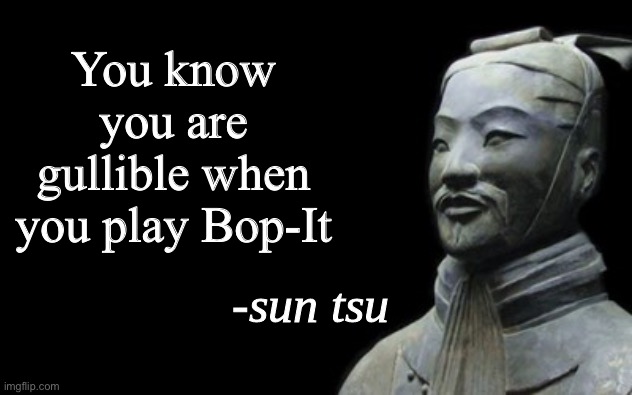True. | You know you are gullible when you play Bop-It | image tagged in sun tsu fake quote,funny,memes,views,quotes,real | made w/ Imgflip meme maker