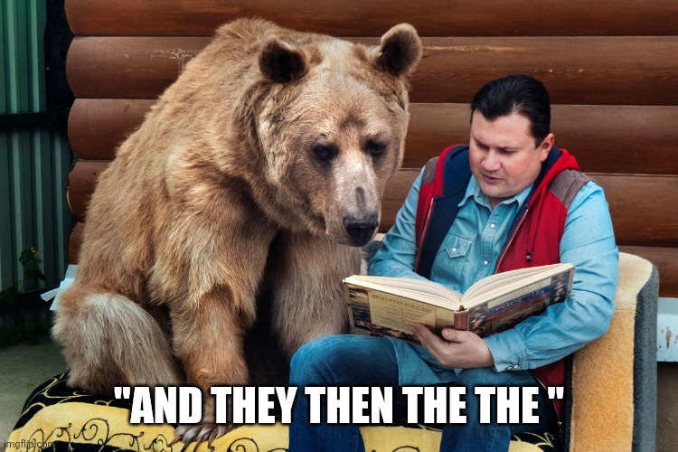 Man reading book to bear | "AND THEY THEN THE THE " | image tagged in man reading book to bear | made w/ Imgflip meme maker