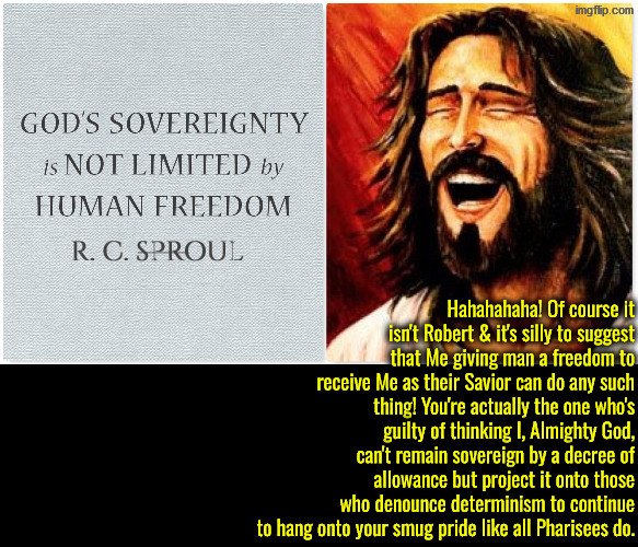 They're the ones who INSIST it is! | image tagged in calvinism,calvinist memes,anti calvinism,reformed theology,r c sproul,smiling jesus | made w/ Imgflip meme maker