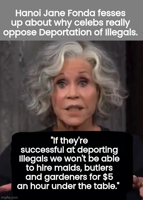 Jane Fonda fesses up about why celebs really care | Hanoi Jane Fonda fesses up about why celebs really oppose Deportation of Illegals. "If they're successful at deporting Illegals we won't be able to hire maids, butlers and gardeners for $5 an hour under the table." | image tagged in blank grey,mary jane | made w/ Imgflip meme maker
