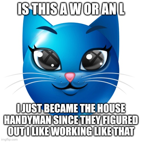 I enjoy doing hand work, but also, that means I have to do plumbing fixes | IS THIS A W OR AN L; I JUST BECAME THE HOUSE HANDYMAN SINCE THEY FIGURED OUT I LIKE WORKING LIKE THAT | image tagged in blue cat emoji | made w/ Imgflip meme maker