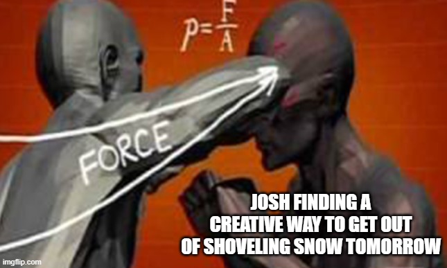 Elbow Strike to Get Out of Shoveling | JOSH FINDING A CREATIVE WAY TO GET OUT OF SHOVELING SNOW TOMORROW | image tagged in elbow | made w/ Imgflip meme maker
