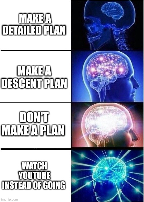 Expanding Brain Meme | MAKE A DETAILED PLAN; MAKE A DESCENT PLAN; DON'T MAKE A PLAN; WATCH YOUTUBE INSTEAD OF GOING | image tagged in memes,expanding brain | made w/ Imgflip meme maker