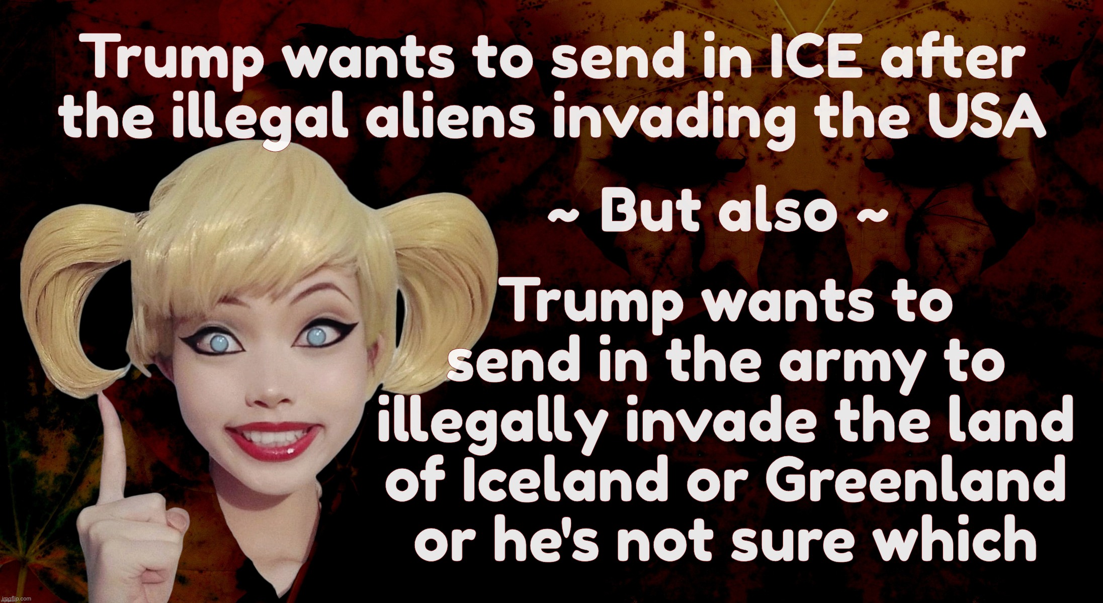 Harley Quinn | Trump wants to send in the army to illegally invade the land of Iceland or Greenland or he's not sure which; Trump wants to send in ICE after
the illegal aliens invading the USA; ~ But also ~ | image tagged in harley quinn | made w/ Imgflip meme maker