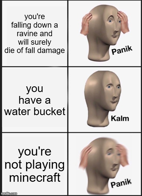 How did you even get into this situation... | you're falling down a ravine and will surely die of fall damage; you have a water bucket; you're not playing minecraft | image tagged in memes,panik kalm panik | made w/ Imgflip meme maker
