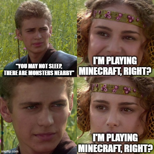 Anakin Padme 4 Panel | "YOU MAY NOT SLEEP, THERE ARE MONSTERS NEARBY"; I'M PLAYING MINECRAFT, RIGHT? I'M PLAYING MINECRAFT, RIGHT? | image tagged in anakin padme 4 panel | made w/ Imgflip meme maker