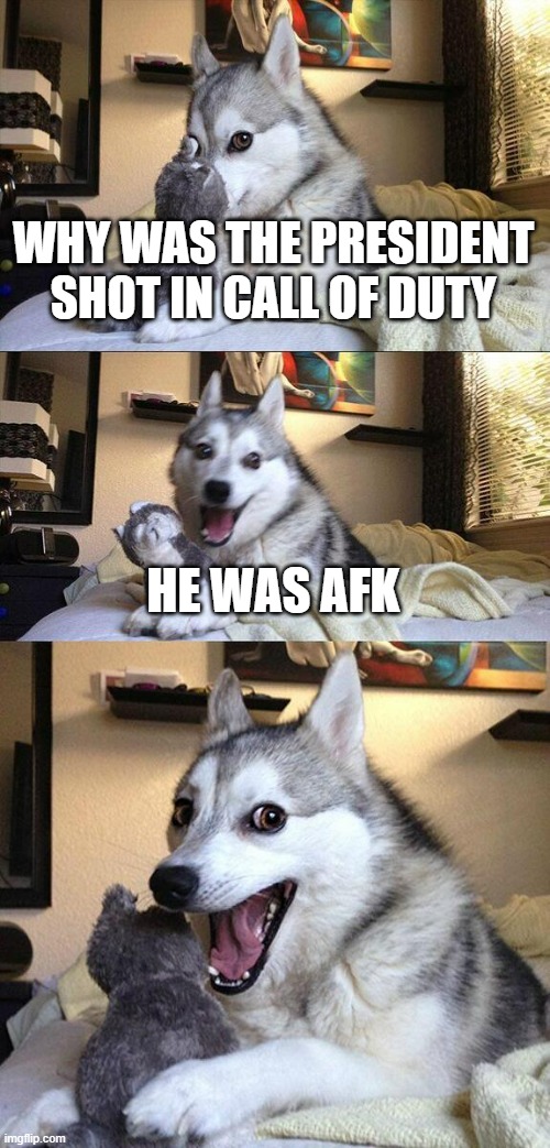 Image Title | WHY WAS THE PRESIDENT SHOT IN CALL OF DUTY; HE WAS AFK | image tagged in memes,bad pun dog,jfk,afk,gaming,dark humor | made w/ Imgflip meme maker
