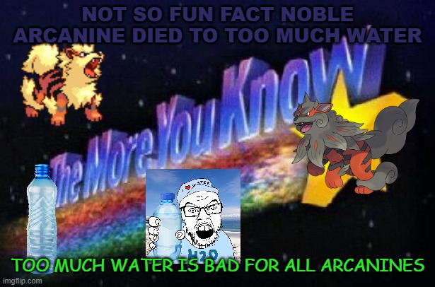 not so fun videogame fact | NOT SO FUN FACT NOBLE ARCANINE DIED TO TOO MUCH WATER; TOO MUCH WATER IS BAD FOR ALL ARCANINES | image tagged in the more you know,fun fact,not so fun,pokemon,videogames,too much water | made w/ Imgflip meme maker