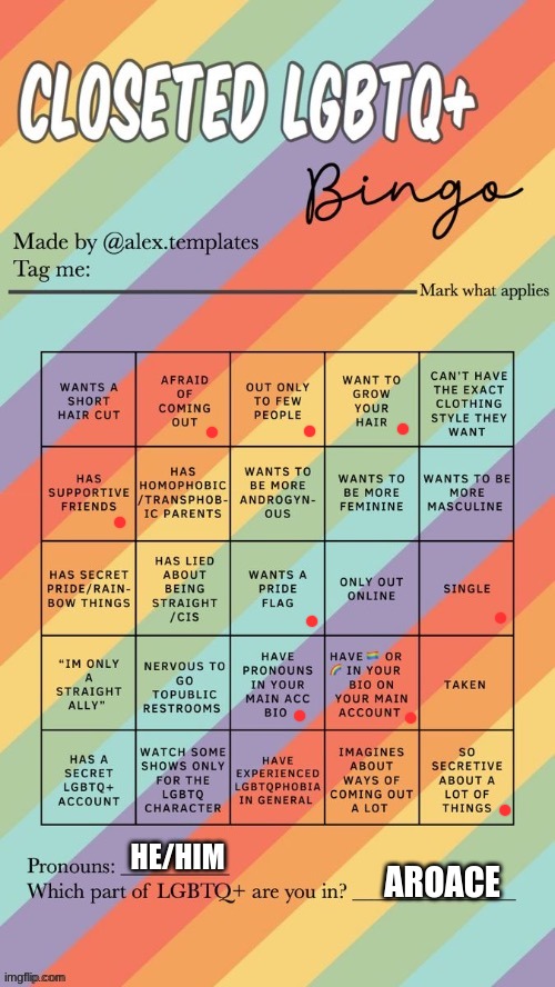 Closeted LGBTQ+ Bingo | HE/HIM; AROACE | image tagged in closeted lgbtq bingo | made w/ Imgflip meme maker