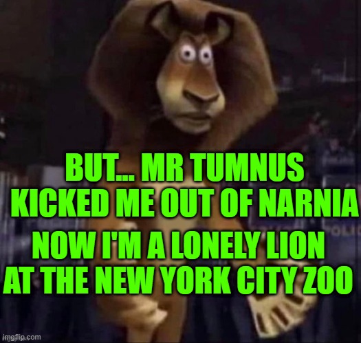 alex lion | BUT... MR TUMNUS KICKED ME OUT OF NARNIA; NOW I'M A LONELY LION AT THE NEW YORK CITY ZOO | image tagged in alex lion | made w/ Imgflip meme maker