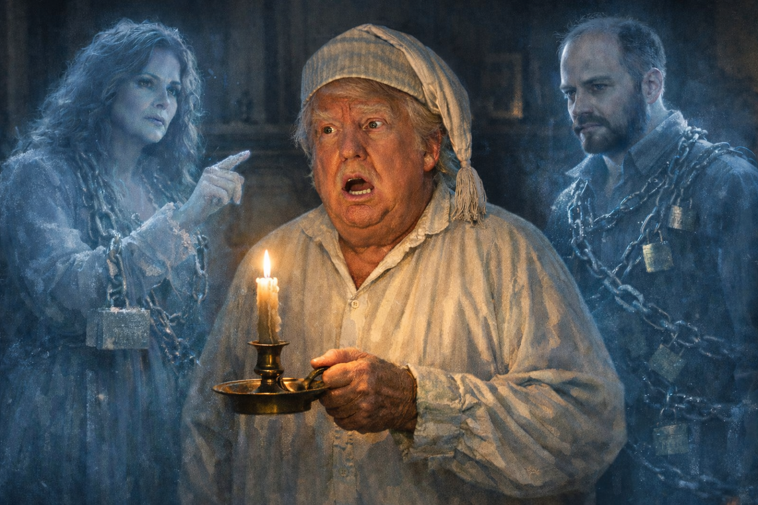 Trump as Scrooge with the ghosts of Renee Good and Alex Pretti Blank Meme Template