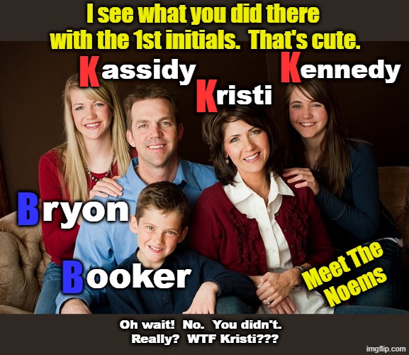 Is Kristi Noem stupid, or did she do this on purpose? | I see what you did there 
with the 1st initials.  That's cute. assidy; K; ennedy; K; K; risti; ryon; B; Meet The 
Noems; B; ooker; Oh wait!  No.  You didn't.  
Really?  WTF Kristi??? | image tagged in ice,trump administration,white supremacists,sociopath,animal rights,family values | made w/ Imgflip meme maker