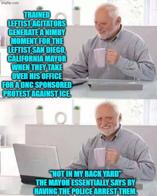 Nation-hating leftism is not supposed to inconvenience nation-hating leftist politicians.. | TRAINED LEFTIST AGITATORS GENERATE A NIMBY MOMENT FOR THE LEFTIST SAN DIEGO, CALIFORNIA MAYOR WHEN THEY TAKE OVER HIS OFFICE FOR A DNC SPONSORED PROTEST AGAINST ICE. "NOT IN MY BACK YARD" THE MAYOR ESSENTIALLY SAYS BY HAVING THE POLICE ARREST THEM. | image tagged in hide the pain harold | made w/ Imgflip meme maker