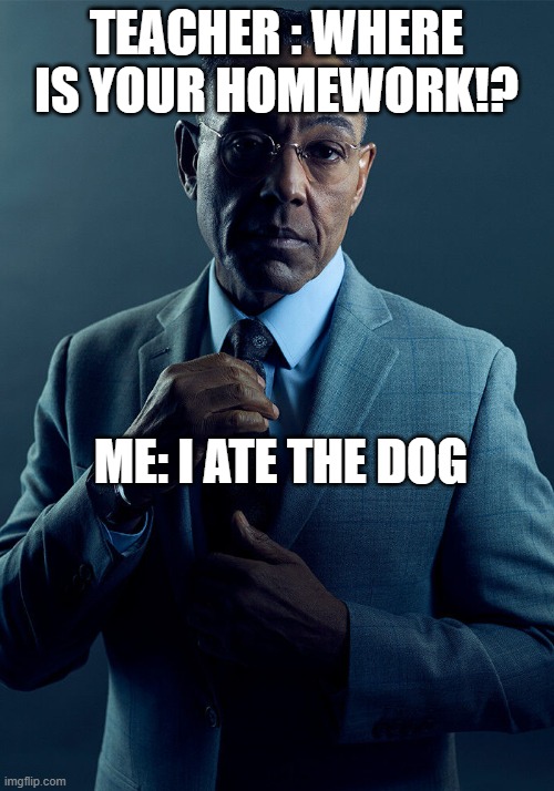 ngl | TEACHER : WHERE IS YOUR HOMEWORK!? ME: I ATE THE DOG | image tagged in gus fring we are not the same | made w/ Imgflip meme maker