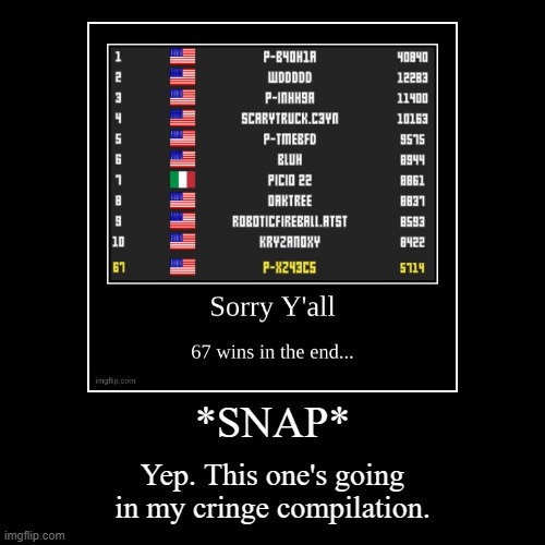 67 never wins. 21 is goated. | *SNAP* | Yep. This one's going in my cringe compilation. | image tagged in funny,demotivationals | made w/ Imgflip demotivational maker