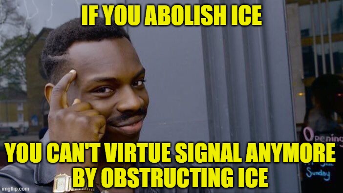 The ICE Agitators' Dilemma | IF YOU ABOLISH ICE; YOU CAN'T VIRTUE SIGNAL ANYMORE
BY OBSTRUCTING ICE | image tagged in memes,roll safe think about it,ice,virtue signalling,illegal immigration | made w/ Imgflip meme maker