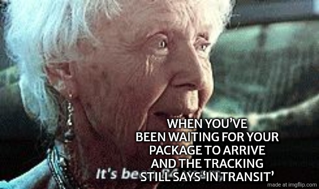 Old lady titanic | WHEN YOU’VE BEEN WAITING FOR YOUR PACKAGE TO ARRIVE AND THE TRACKING STILL SAYS ‘IN TRANSIT’ | image tagged in old lady titanic | made w/ Imgflip meme maker