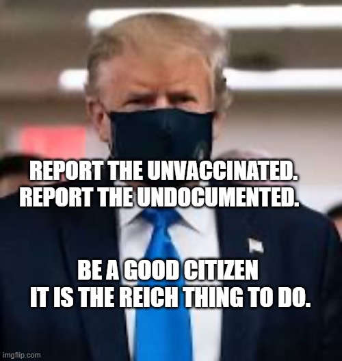 Trump Mask | REPORT THE UNVACCINATED. REPORT THE UNDOCUMENTED. BE A GOOD CITIZEN    IT IS THE REICH THING TO DO. | image tagged in trump mask | made w/ Imgflip meme maker