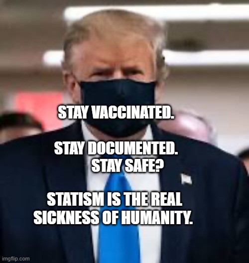 Trump Mask | STAY VACCINATED.               STAY DOCUMENTED.          STAY SAFE? STATISM IS THE REAL SICKNESS OF HUMANITY. | image tagged in trump mask | made w/ Imgflip meme maker