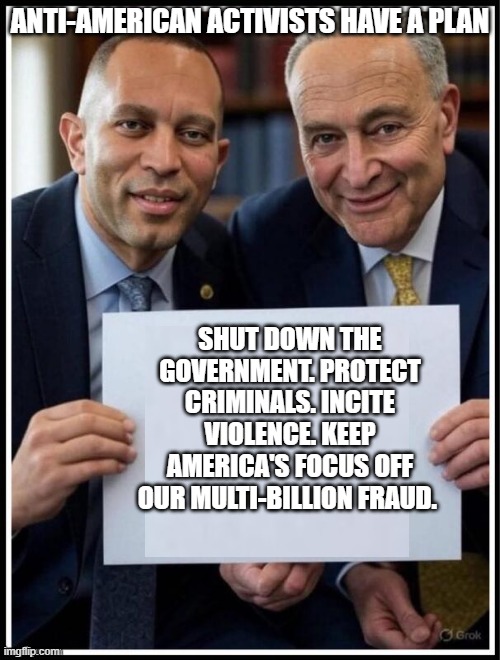 Know them | ANTI-AMERICAN ACTIVISTS HAVE A PLAN; SHUT DOWN THE GOVERNMENT. PROTECT CRIMINALS. INCITE VIOLENCE. KEEP AMERICA'S FOCUS OFF OUR MULTI-BILLION FRAUD. | image tagged in shumer and jefferies,treason,protecting criminals,billion dollar fraud,incite terror,democrat war on america | made w/ Imgflip meme maker
