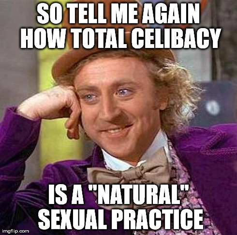 Creepy Condescending Wonka Meme | SO TELL ME AGAIN HOW TOTAL CELIBACY IS A "NATURAL" SEXUAL PRACTICE | image tagged in memes,creepy condescending wonka | made w/ Imgflip meme maker