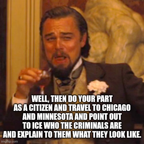 Laughing Leo Meme | WELL, THEN DO YOUR PART AS A CITIZEN AND TRAVEL TO CHICAGO AND MINNESOTA AND POINT OUT TO ICE WHO THE CRIMINALS ARE AND EXPLAIN TO THEM WHAT | image tagged in memes,laughing leo | made w/ Imgflip meme maker