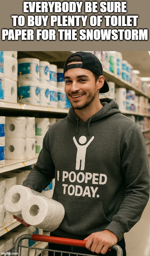 Be Sure To Buy Plenty Of Toilet Paper For Snowstorm | EVERYBODY BE SURE TO BUY PLENTY OF TOILET PAPER FOR THE SNOWSTORM | image tagged in snowstorm,toilet paper,i pooped today,pooping,funny,memes | made w/ Imgflip meme maker
