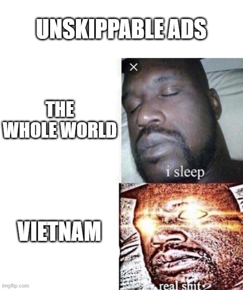 vietnam stronk | UNSKIPPABLE ADS; THE WHOLE WORLD; VIETNAM | image tagged in i sleep real shit | made w/ Imgflip meme maker