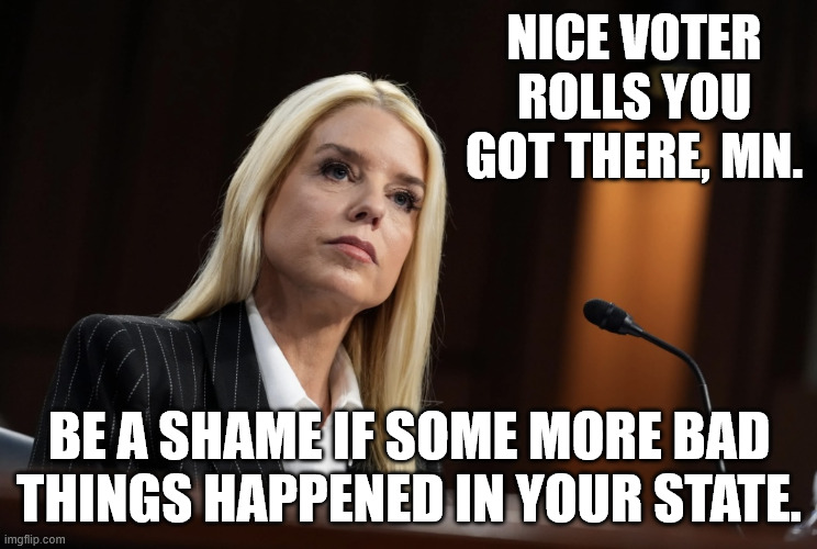 Pam Bondi | NICE VOTER ROLLS YOU GOT THERE, MN. BE A SHAME IF SOME MORE BAD THINGS HAPPENED IN YOUR STATE. | image tagged in pam bondi | made w/ Imgflip meme maker