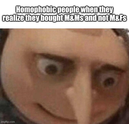 gru hol up | Homophobic people when they realize they bought M&Ms and not M&Fs | image tagged in gru hol up,repost,memes | made w/ Imgflip meme maker