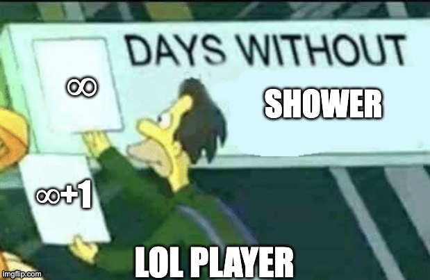 LOL Player be like | ∞; ∞+1; LOL PLAYER | image tagged in 0 days without lenny simpsons,league of legends,lol | made w/ Imgflip meme maker