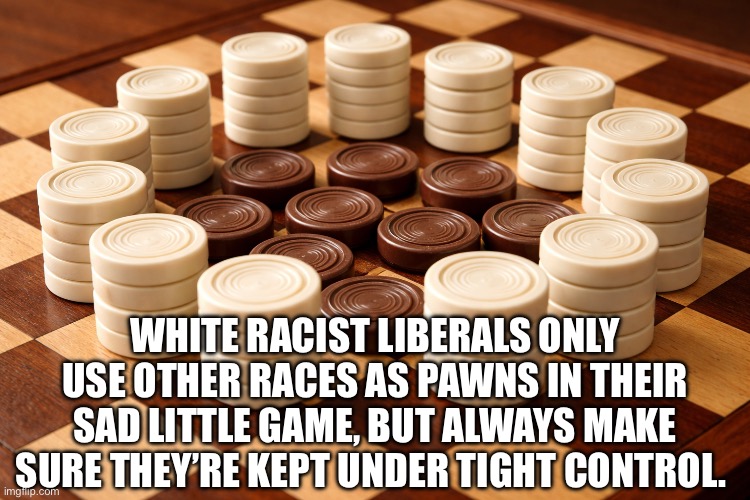 The real racists like to call conservatives racist… | WHITE RACIST LIBERALS ONLY USE OTHER RACES AS PAWNS IN THEIR SAD LITTLE GAME, BUT ALWAYS MAKE SURE THEY’RE KEPT UNDER TIGHT CONTROL. | image tagged in racism,liberal logic | made w/ Imgflip meme maker
