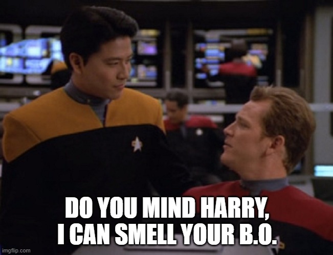 Too Close Harry | DO YOU MIND HARRY, I CAN SMELL YOUR B.O. | image tagged in ensign harry kim | made w/ Imgflip meme maker