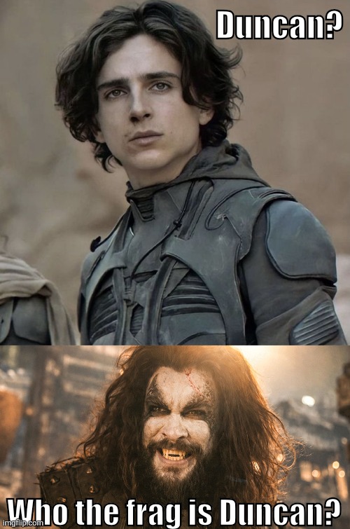 When Paul met The Main Man! | Duncan? Who the frag is Duncan? | image tagged in paul atreides close up,dc comics | made w/ Imgflip meme maker