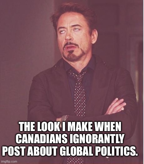 Face You Make Robert Downey Jr Meme | THE LOOK I MAKE WHEN CANADIANS IGNORANTLY POST ABOUT GLOBAL POLITICS. | image tagged in memes,face you make robert downey jr | made w/ Imgflip meme maker