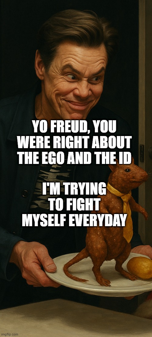 YO FREUD, YOU WERE RIGHT ABOUT THE EGO AND THE ID; I'M TRYING TO FIGHT MYSELF EVERYDAY | made w/ Imgflip meme maker