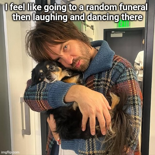 Kevin Parker hugging puppy | I feel like going to a random funeral 
then laughing and dancing there | image tagged in kevin parker hugging puppy | made w/ Imgflip meme maker