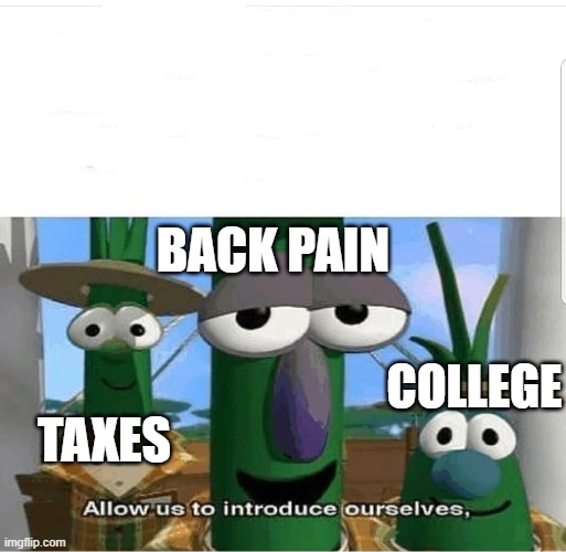 Allow us to introduce ourselves | TAXES COLLEGE BACK PAIN | image tagged in allow us to introduce ourselves | made w/ Imgflip meme maker