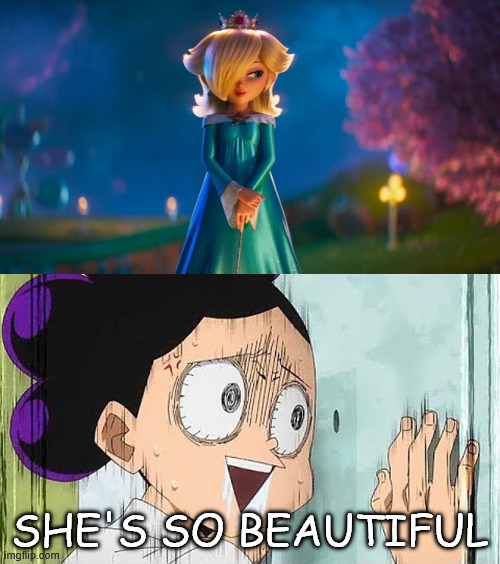 mineta looking at movie rosalina | SHE'S SO BEAUTIFUL | image tagged in mineta looking at who,rosalina,my hero academia,anime,super mario galaxy,so beautiful | made w/ Imgflip meme maker