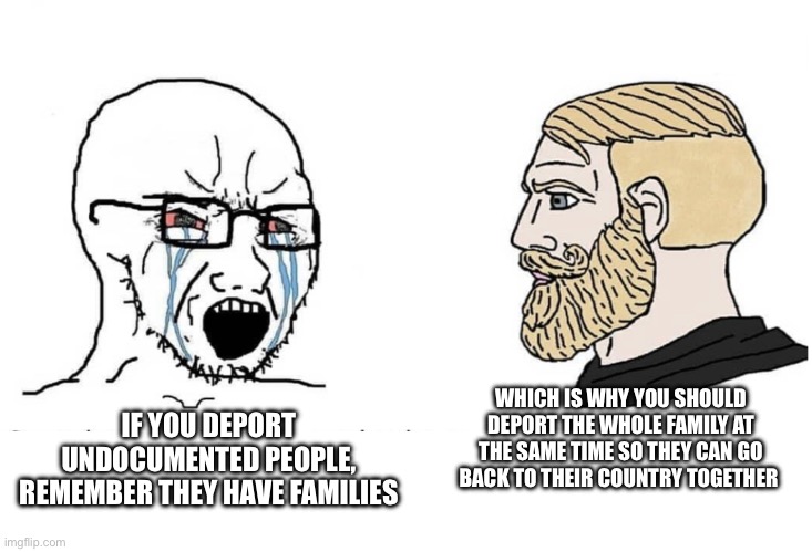 The family bucket | WHICH IS WHY YOU SHOULD DEPORT THE WHOLE FAMILY AT THE SAME TIME SO THEY CAN GO BACK TO THEIR COUNTRY TOGETHER; IF YOU DEPORT UNDOCUMENTED PEOPLE, REMEMBER THEY HAVE FAMILIES | image tagged in soyboy vs yes chad,deportation | made w/ Imgflip meme maker