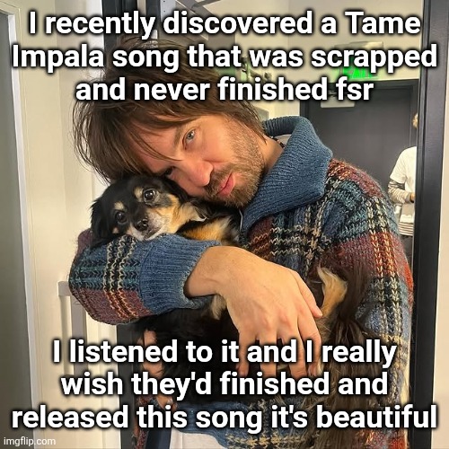 Kevin Parker hugging puppy | I recently discovered a Tame
Impala song that was scrapped
and never finished fsr; I listened to it and I really
wish they'd finished and
released this song it's beautiful | image tagged in kevin parker hugging puppy | made w/ Imgflip meme maker