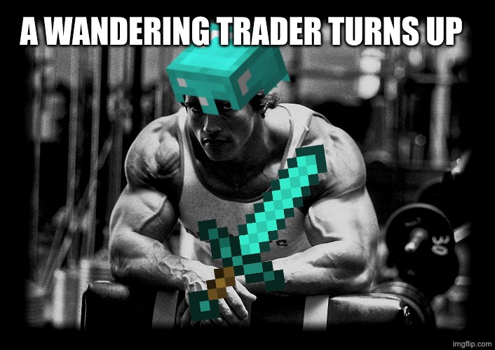 Arnold Schwarzenegger at Gym Leaning Over Bench B&W Photo | A WANDERING TRADER TURNS UP | image tagged in arnold schwarzenegger at gym leaning over bench b w photo | made w/ Imgflip meme maker