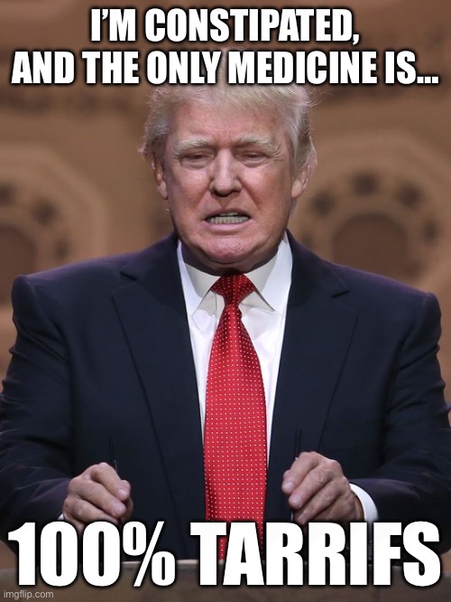 Donald Trump | I’M CONSTIPATED, AND THE ONLY MEDICINE IS…; 100% TARRIFS | image tagged in donald trump | made w/ Imgflip meme maker