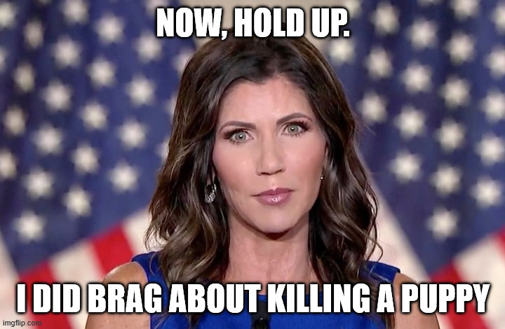 Kristi Noem | NOW, HOLD UP. I DID BRAG ABOUT KILLING A PUPPY | image tagged in kristi noem | made w/ Imgflip meme maker