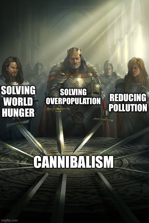 Solving the world’s problems | SOLVING OVERPOPULATION; SOLVING WORLD HUNGER; REDUCING POLLUTION; CANNIBALISM | image tagged in knights of the round table,problems,cannibalism,overpopulation,hunger,pollution | made w/ Imgflip meme maker