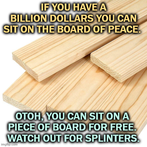 Another Trump grift. | IF YOU HAVE A BILLION DOLLARS YOU CAN SIT ON THE BOARD OF PEACE. OTOH, YOU CAN SIT ON A 
PIECE OF BOARD FOR FREE. 
WATCH OUT FOR SPLINTERS. | image tagged in trump,board of peace,united nations,scam | made w/ Imgflip meme maker