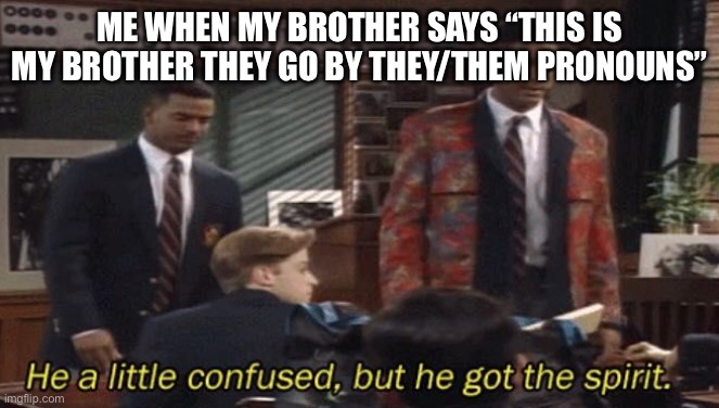 My Brother the other day | ME WHEN MY BROTHER SAYS “THIS IS MY BROTHER THEY GO BY THEY/THEM PRONOUNS” | image tagged in fresh prince he a little confused but he got the spirit | made w/ Imgflip meme maker